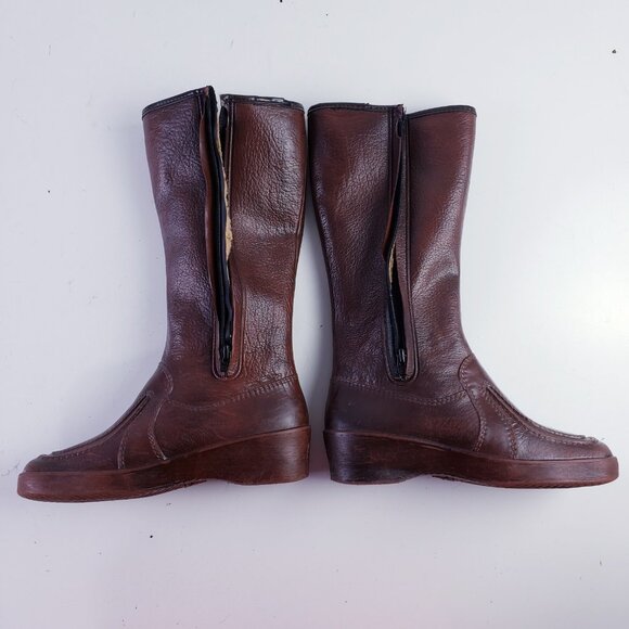 Vintage Carolina Boots Leather Knee High Sherpa Lined Side Zip Low Heel Brown 7 - Picture 8 of 13